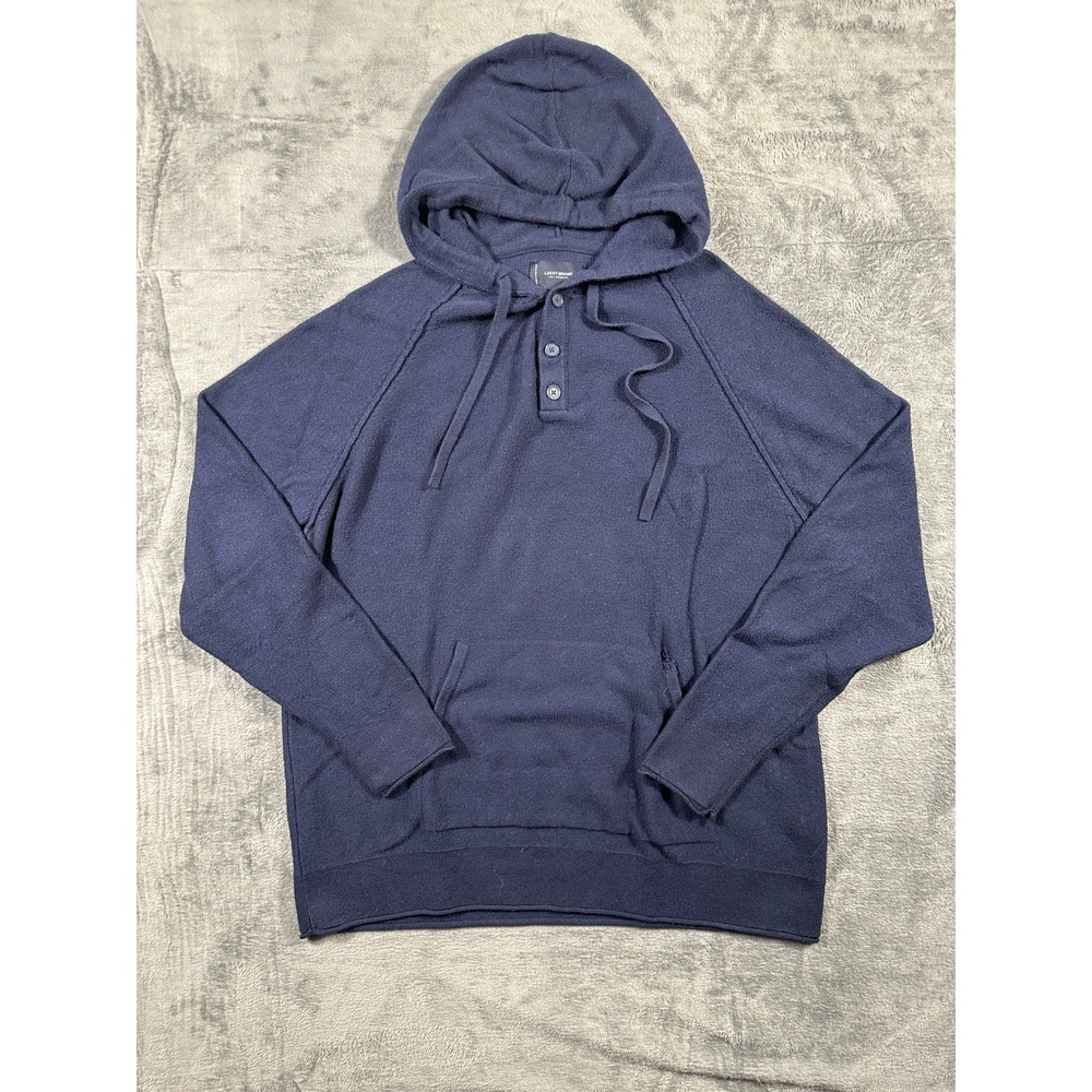 Lucky Brand Mens Navy Blue Knit Henley Hoodie Sweater Size L Raglan Sleeve